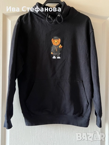 Спортна черна памук памучна  ватирана блуза суичър суитшърт с качулка мече , снимка 2 - Суичъри - 51779427