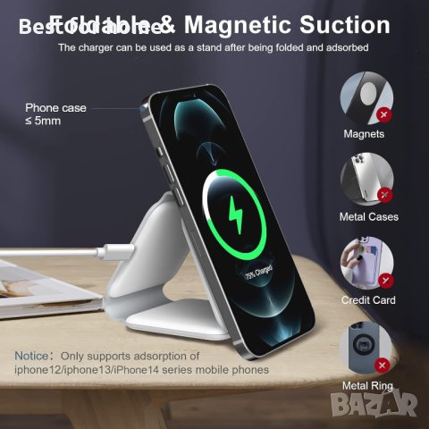3 в 1 сгъваемо безжично зарядно, магнитна подложка-iPhone,Samsung Galaxy,Apple Watch, AirPods Pro, снимка 7 - Безжични зарядни - 42311822