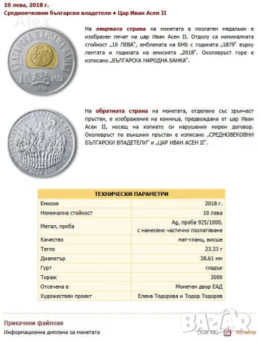 Възпоменателна Колекционерска Монета „Цар Иван Асен II“ сребърни 