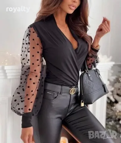 Дамско черно боди с тюлен ръкав 