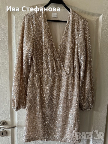  Нова парти коктейлна официална къса златна златиста рокля пайети паетена , снимка 2 - Рокли - 46576720