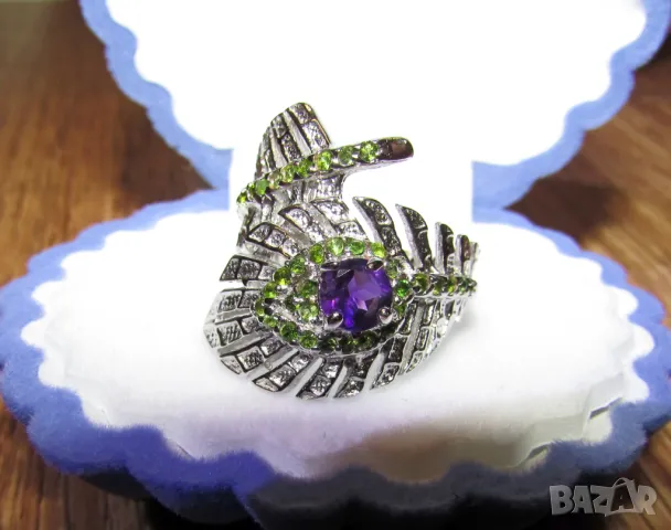 925 сребърен пръстен с аметист и хром диопсид подходящ за подарък, снимка 1