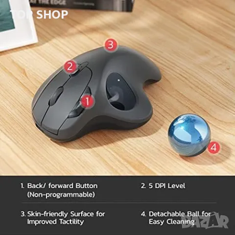 Нова акумулаторна безжична ергономична мишка лесно управление с палец, снимка 6 - Захранвания и кутии - 49307302