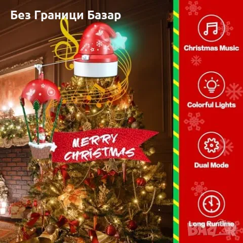 Нова Коледна украса за елха - мултицветна, въртяща се шапка с дистанционно, снимка 5 - Други - 47582474