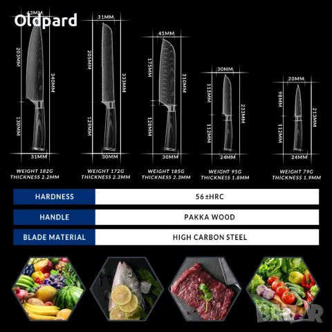 Комплект висококачествени кухненски ножове (пет броя). (ODP5T), снимка 6 - Прибори за хранене, готвене и сервиране - 48025578