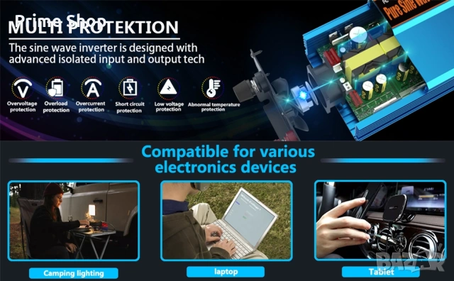 1000W инвертор чиста синусоида 12V-230V с адаптер за запалка и кабели, снимка 12 - Друга електроника - 53754153