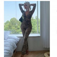 Фин леопардов гащеризон SHEIN Eilly Bazar Leopard Print дълъг ръкав и дълбоко деклоте, нов с етикет, снимка 2 - Гащеризони - 35686579