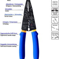 мултифункционални клещи за заголване на кабели, рязане и кримпване на кабелни обувки, немски, снимка 8 - Клещи - 35535365