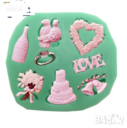  сватба love торта гълъби халка пръстен букет шампанско силиконов молд форма украса торта фондан , снимка 1