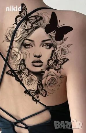 Жена момиче с пеперуди и рози черно бял временна татуировка татос татус Tattoo, снимка 1