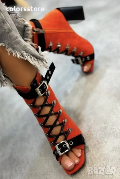 Летни боти на ток - оранжев велур с черна каишка - BK55, снимка 1