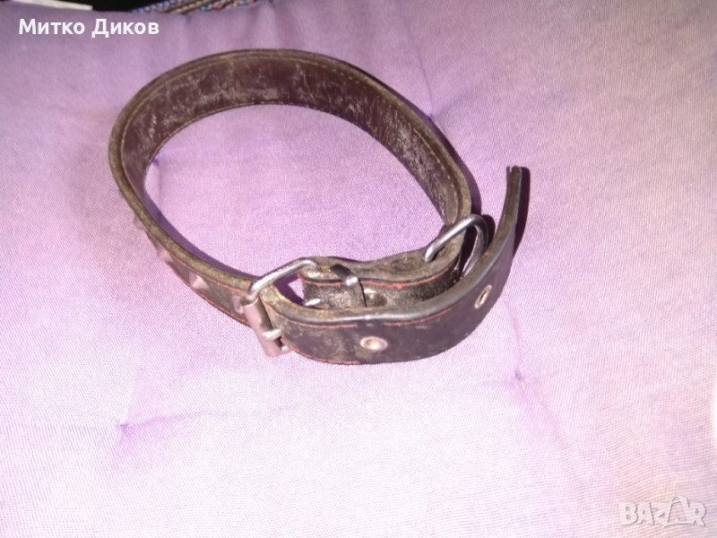 Нашийник естествена кожа за куче 58см х3см и верижка метална с държач естествена кожа 1м, снимка 1