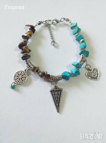 Много красива Бохо гривна със скъпоценни камъни Тюркоази и Тигрово око, снимка 1