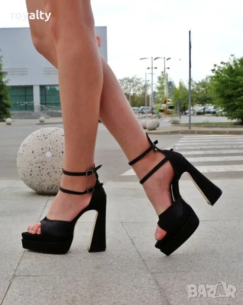 Сандали на ток - черен сатен , снимка 1