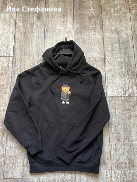 Спортна черна памук памучна  ватирана блуза суичър суитшърт с качулка мече , снимка 1