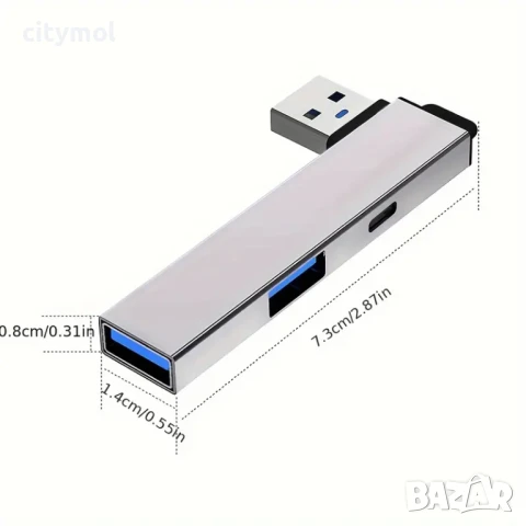 TYPE C Хъб с 2 x USB3.0 5Gbps + TYPE C порта, пренос на данни, мулти сплитер OTG за PC лаптоп ноутбу, снимка 2 - Други - 50617713