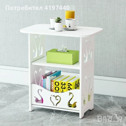 Компактна бяла PVC маса с декоративни изрязани орнаменти и три нива за съхранение, снимка 3 - Тоалетки - 52815210