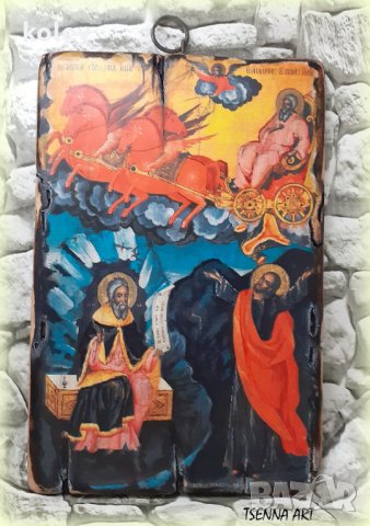 икона "Възнесение на Свети Илия" 30/20 см, репродукция, уникат, дукупаж, снимка 4 - Икони - 34591389