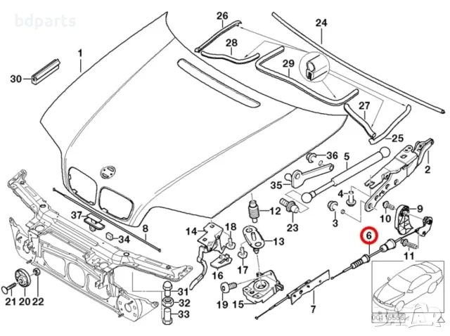 Жило за отваряне на преден капак BMW, E46, Седан, Купе, Комби, Кабрио, снимка 2 - Части - 56141945