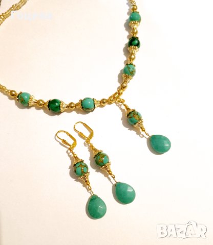 Разкошен комплект бижута обици и колие с камъни Нефрит и Азурит и орнаменти в цвят Антично злато, снимка 6 - Бижутерийни комплекти - 42512511