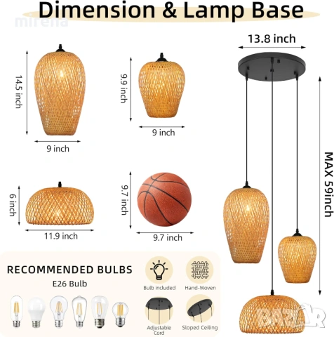 Лампа от ратан с 3 лампи, бамбук, бохо стил, ръчно плетени полилеи, снимка 5 - Лампи за таван - 53224776