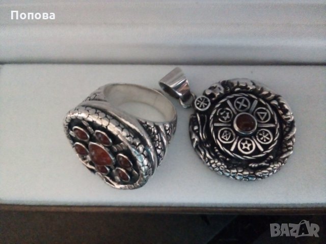 Уникален авторски масивен сребърен комплект с естествени карнеоли, снимка 5 - Бижутерийни комплекти - 33911229