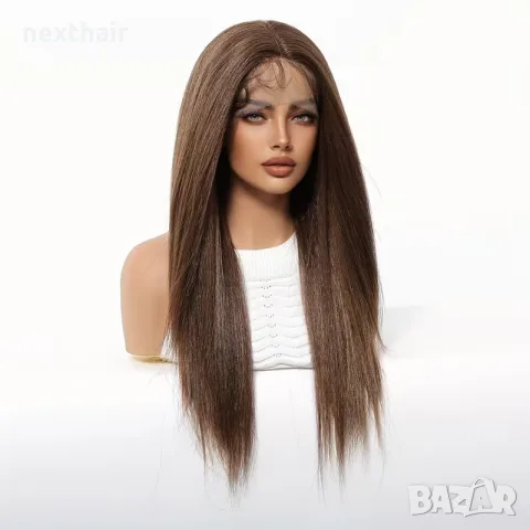 Кафява права перука 65 см с дантелен път T Part Lace 13x4x1, снимка 2 - Аксесоари за коса - 56196025