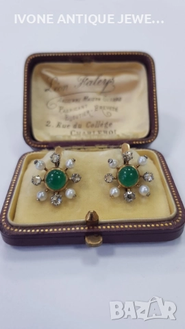 Златни обеци с диаманти , хризопрас и перли 