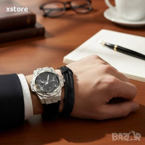 Мъжки подаръчен комплект – стилен часовник и черна гривна, снимка 2 - Мъжки - 52790983