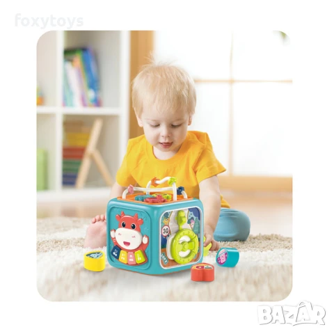 Малък бебешки занимателен куб - 6 в 1, сортер, волан, пиано, музика и светлини, снимка 2 - Образователни игри - 51263951
