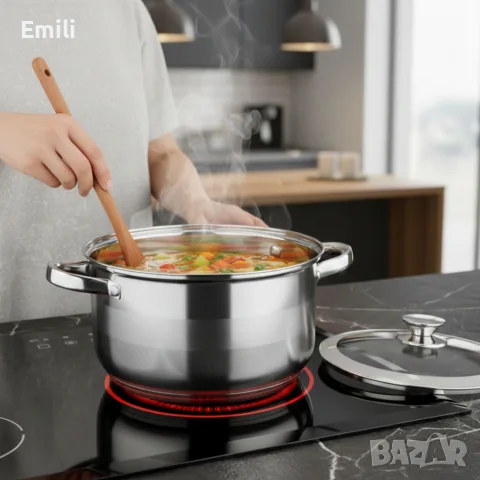 Тенджера с кошница за пържене и стъклен капак Cheffinger Ø24 см - инокс, 6,5 л, за всички котлони , снимка 3 - Съдове за готвене - 56133817