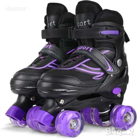 LOKJIJI Детски ролкови кънки, регулируеми 4 размера 36-40, светещи колела, четворни, черно и лилаво