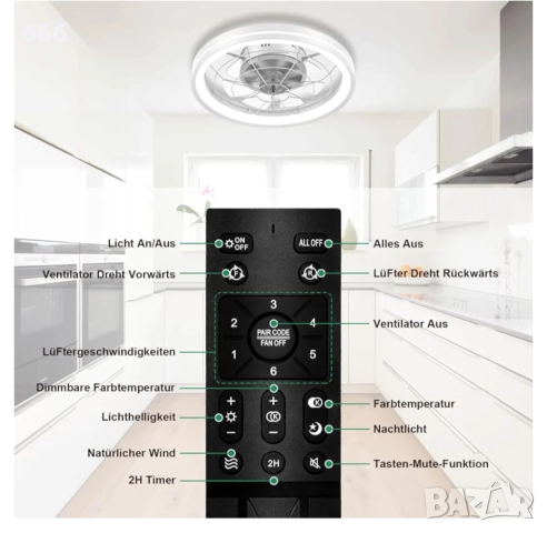 Вентилатор за таван с осветление и дистанционно управление., снимка 2 - Лампи за таван - 52979239
