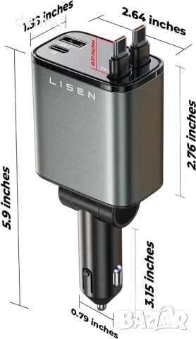 LISEN - 4 в 1 Прибиращо се зарядно за кола, 69W двоен USB C адаптер, снимка 6 - Зарядни за кола - 50583791