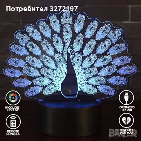 Холограмна 3D LED лампа Паун-дистанционно управление 16 цвята+други режими на управление, снимка 4 - Настолни лампи - 49577890
