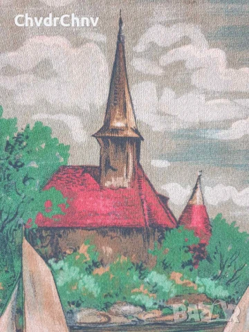 дървена рамка дърворезба 85х62см/голям стар машинно тъкан гоблен/замък-езеро-лодки, снимка 8 - Гоблени - 51345027