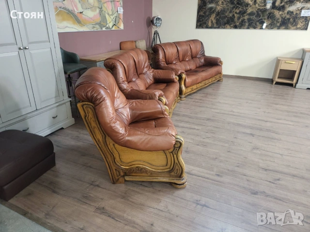 Кафяв комплект дивани тройка,двойка и фотьойл от естествена кожа и дъб, снимка 3 - Дивани и мека мебел - 53754113