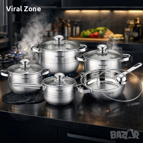Комплект съдове за готвене 12 части Cheffinger, с индукционно дъно и стъклени капаци , снимка 4 - Съдове за готвене - 53207412