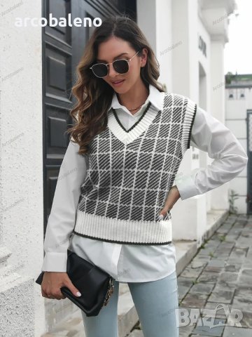 Дамски моден кариран пуловер с V-образно деколте, 4цвята - 023, снимка 10 - Блузи с дълъг ръкав и пуловери - 42146039