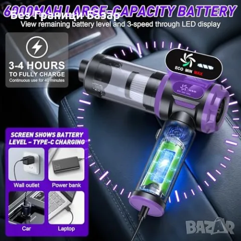 Нова Акумулаторна прахосмукачка за кола автомобил дом 27000Pa 5 в 1 LED HEPA USB 12 накрайника, снимка 5 - Прахосмукачки - 56196127