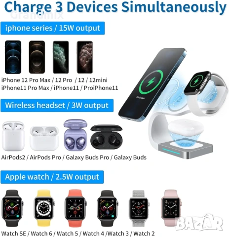 3 в 1 стойка за безжично зареждане Y36 за iPhone, Apple Watch, Airpods, снимка 3 - Безжични зарядни - 53476664