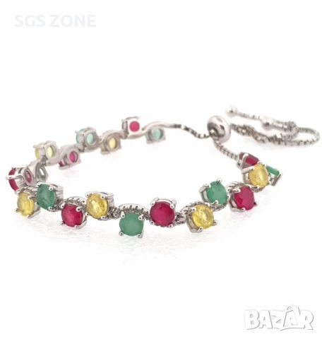 НЕОБИЧАЙНА СРЕБЪРНА ГРИВНА 925 С РУБИНИ, ИЗУМРАДИ И ЖЪЛТ САПФИР, снимка 2 - Гривни - 51262883