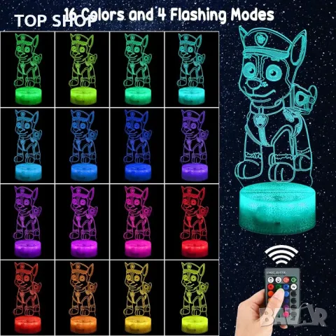 3D LED Paw Patrol илюзионна лампа, 3 плаки, 16 променящи се цвята, снимка 6 - Настолни лампи - 49146200