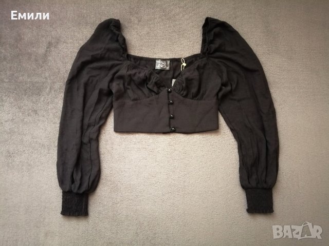 Parallel Lines къса дамска блуза с дълги буфан ръкави в черен цвят р-р M, снимка 7 - Блузи с дълъг ръкав и пуловери - 42193418