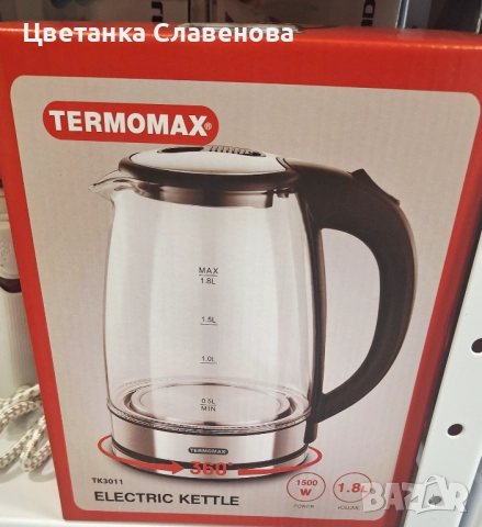 Кана електрическа Termomax TK3011, 1500W, 1.8 л, стъклена, снимка 2 - Кани - 51594078