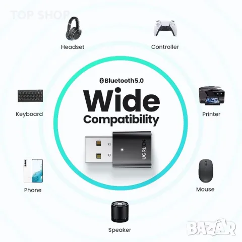 UGREEN USB Bluetooth адаптер за компютър, 5.0 Bluetooth донгъл приемник [Windows 11/10/8.1 без драйв, снимка 5 - Захранвания и кутии - 49156850