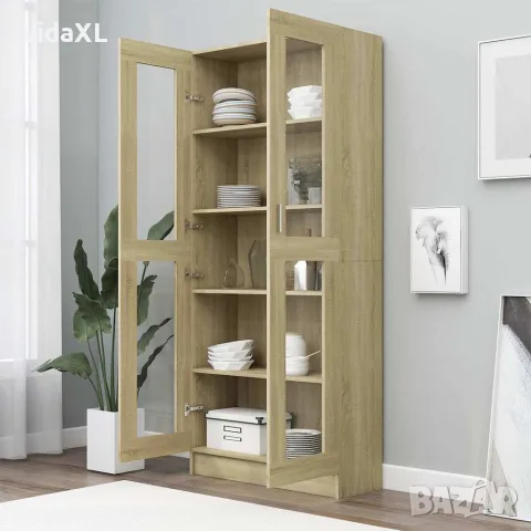 vidaXL Шкаф витрина, дъб сонома, 82,5x30,5x185 см, инженерно дърво, снимка 3 - Секции и витрини - 56147839