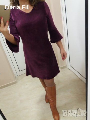 Рокля от кадифе в цвят марсала, снимка 2 - Рокли - 35789800