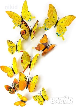3D 12 бр pvc жълти магнитни и самозалепващи пеперуди декорация за стена и мебел, снимка 1 - Други - 44449062