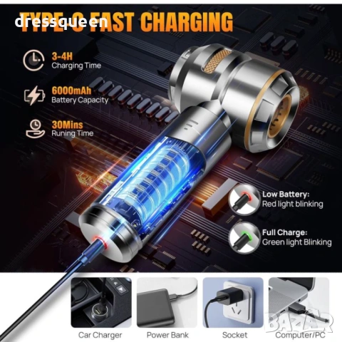 4612 Акумулаторна прахосмукачка 16000PA за професионално почистване на вашия автомобил, снимка 4 - Прахосмукачки - 53821863